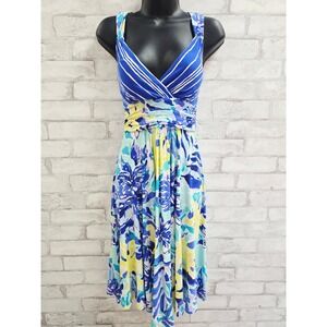 Lilly Pulitzer XS Blue White Striped Floral Tropical V-Neck Cross Back Dress